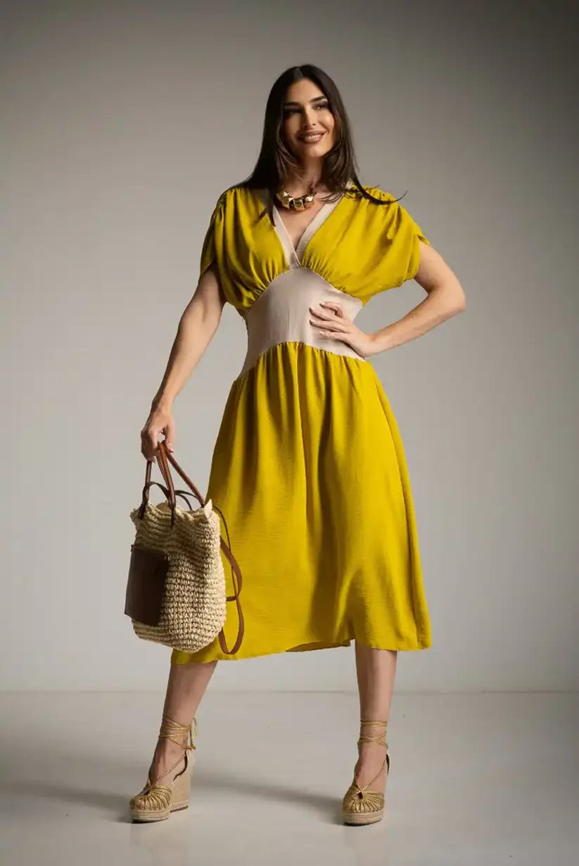 Vestido Bicolor Lima Mujer Corte Midi Primavera Verano Cintura Elástica