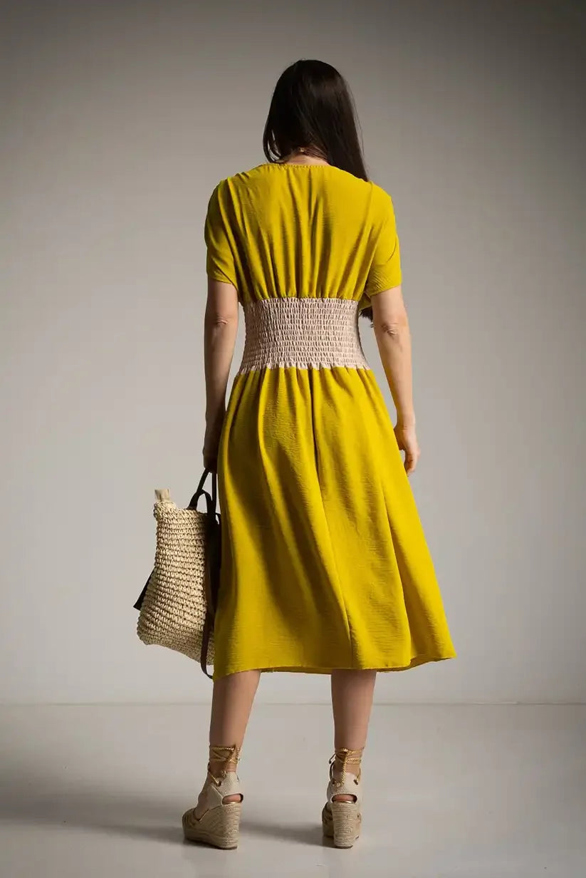 Vestido Bicolor Lima Mujer Corte Midi Primavera Verano Cintura Elástica