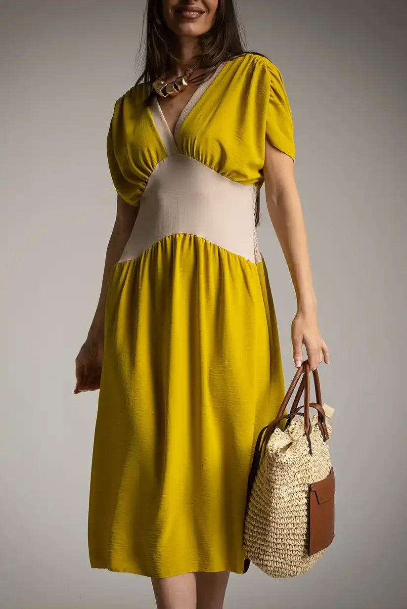 Vestido Bicolor Lima Mujer Corte Midi Primavera Verano Cintura Elástica