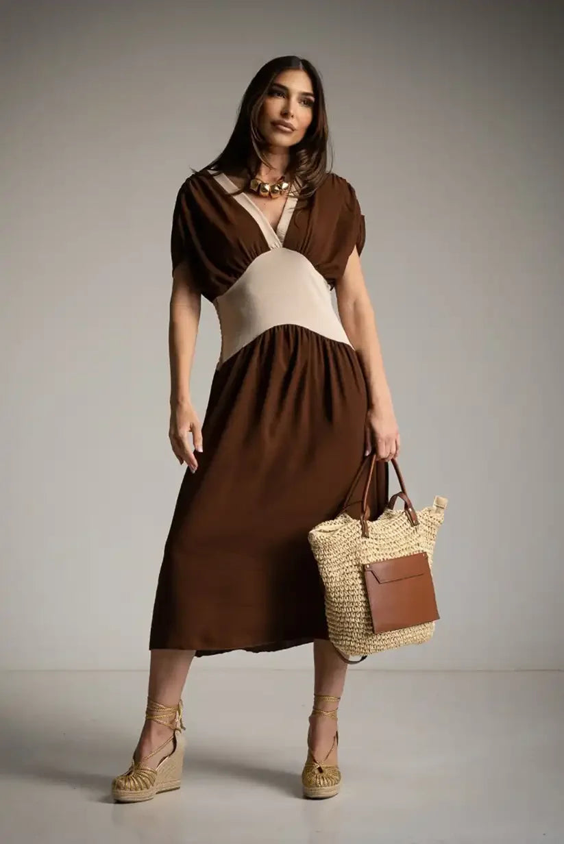 Vestido Bicolor Marrón Mujer Primavera Verano Corte Cómodo Midi