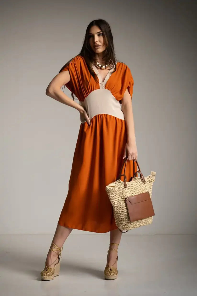 Vestido Bicolor Naranja Mujer Verano con Cintura Engomada Cómoda