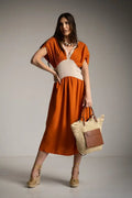 Vestido Bicolor Naranja Mujer Verano con Cintura Engomada Cómoda