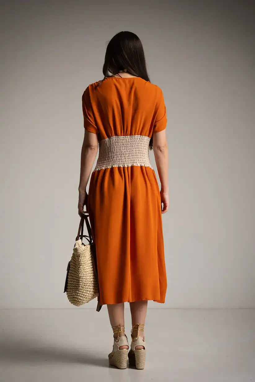 Vestido Bicolor Naranja Mujer Verano con Cintura Engomada Cómoda