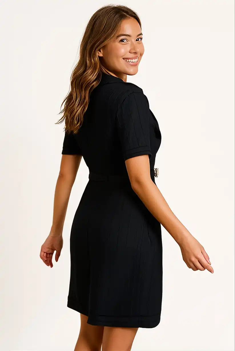 Vestido Punto Negro Mujer Elegante con Cinturón y Botones Dorados