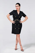 Vestido Punto Negro Mujer Elegante con Cinturón y Botones Dorados