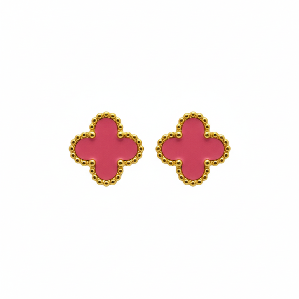 Pendientes Trébol de la Suerte Rosa - Acero 100% Bañado en Oro 18K