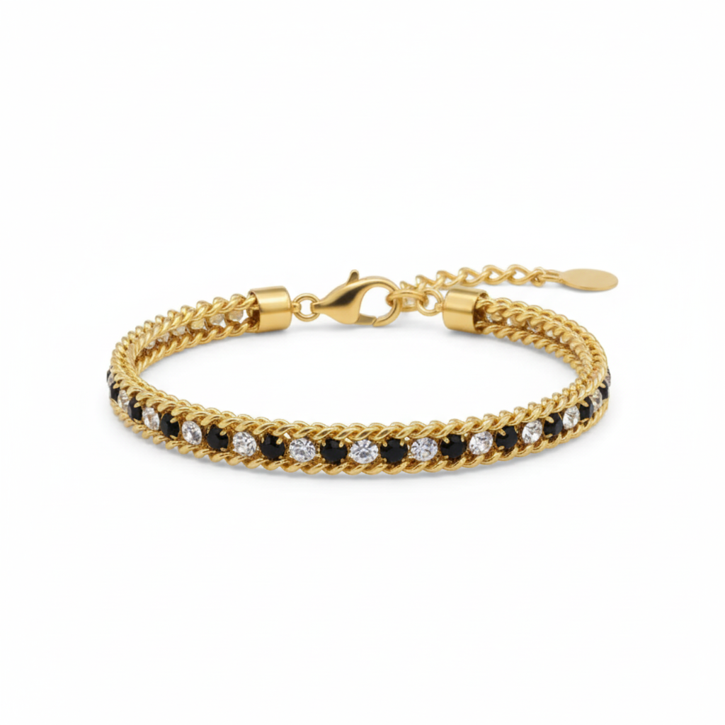 Pulsera Bicolor con Circonitas y Diseño Trenzado 100% Acero Bañado en Oro 18K