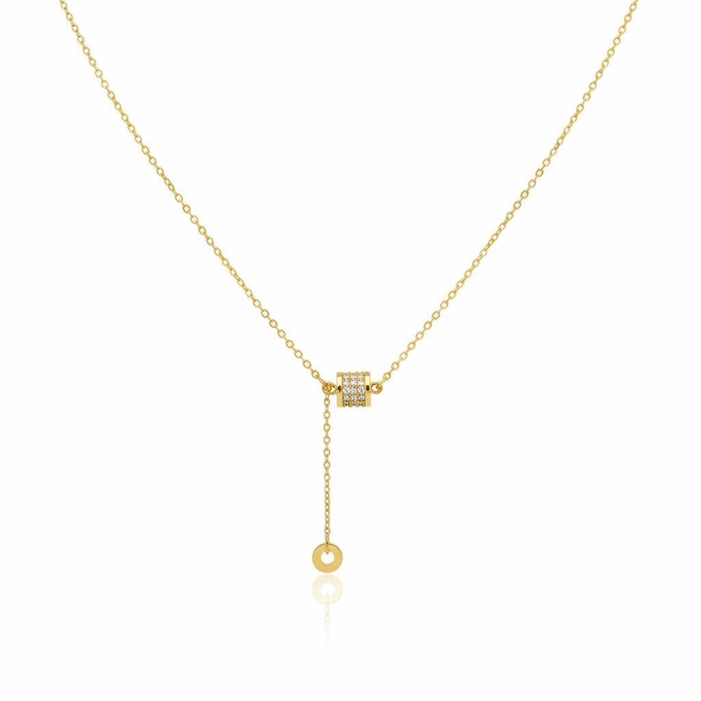 Collar Ajustable con Cilindro de Circonitas y Cadena Colgante - 100% Acero Bañado en Oro 18K