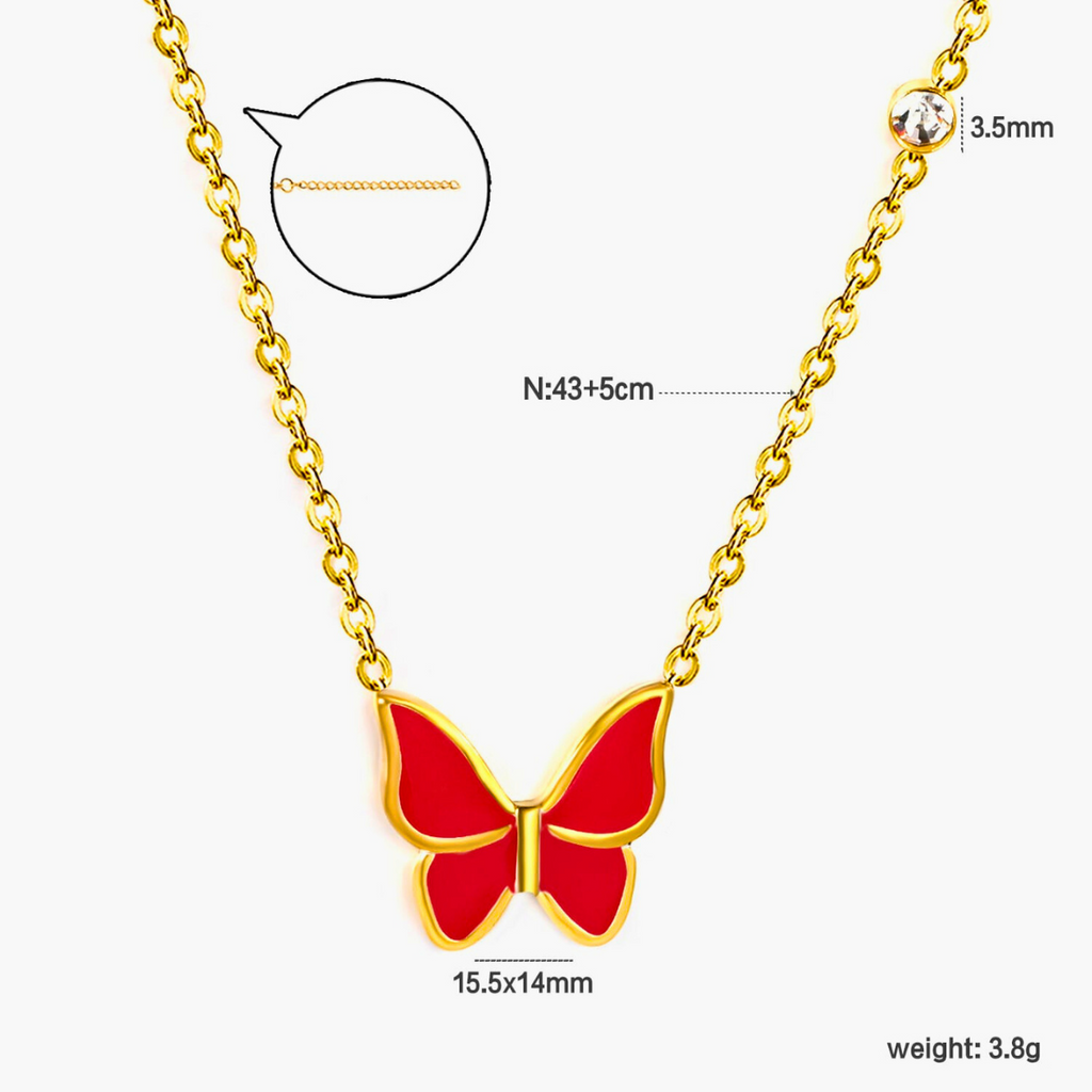 Collar con Colgante de Mariposa Esmaltada Roja y Circonitas - 100% Acero Bañado en Oro 18K