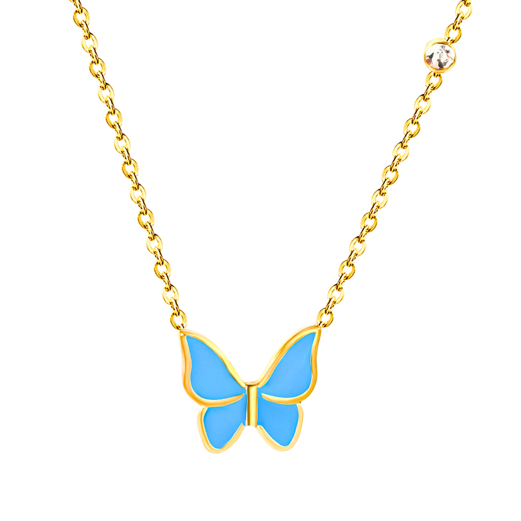 Collar con Colgante de Mariposa Esmaltada Azul y Circonitas - 100% Acero Bañado en Oro 18K